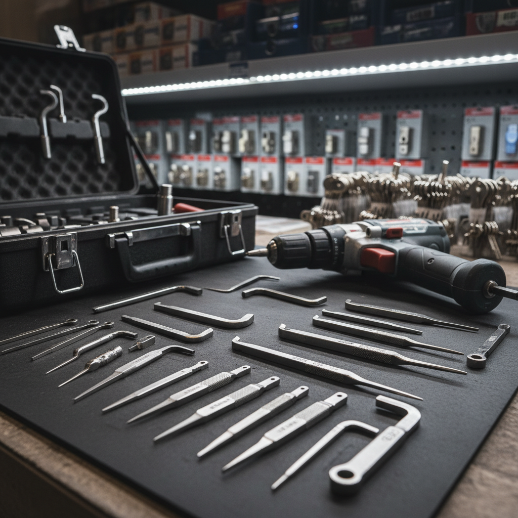 A collection of highly-detailed locksmith tools, including precision picks, tension wrenches, and a heavy-duty cordless drill, arranged in an organized manner atop a dark, rubberized work surface next to an open metal toolbox. The environment is a tidy, professional workspace featuring neatly-stacked replacement lock cylinders and spare key blanks in the blurred background. Bright, diffused overhead LED lighting provides an even illumination with subtle highlights on the metal tools, emphasizing their craftsmanship and readiness. The mood is focused and technical, suggesting preparedness and expertise. Shot from a slightly elevated angle, the layout utilizes rule of thirds to guide the eye across the tools. This image has a crisp, realistic, and utilitarian style, reinforcing the skilled professionalism of an emergency locksmith business.