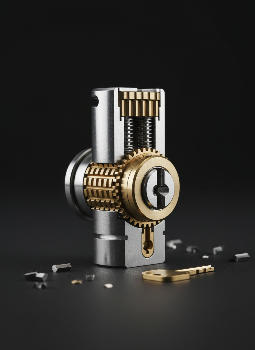 A close-up of a finely-machined, high-security cylinder lock mechanism, its polished stainless steel components reflecting soft, neutral studio light. The cutaway view reveals precise internal pins and complex gearwork, placed on a matte black background for striking visual contrast. Small metallic fragments and a brass key blank rest nearby, enhancing a sense of detail and authenticity. The lighting creates subtle highlights on the curves and surfaces, while the overall atmosphere feels innovative and technical. The composition centers the mechanism sharply in frame with shallow depth, evoking a modern, trustworthy aesthetic perfect for a locksmith’s emphasis on advanced technology and security.